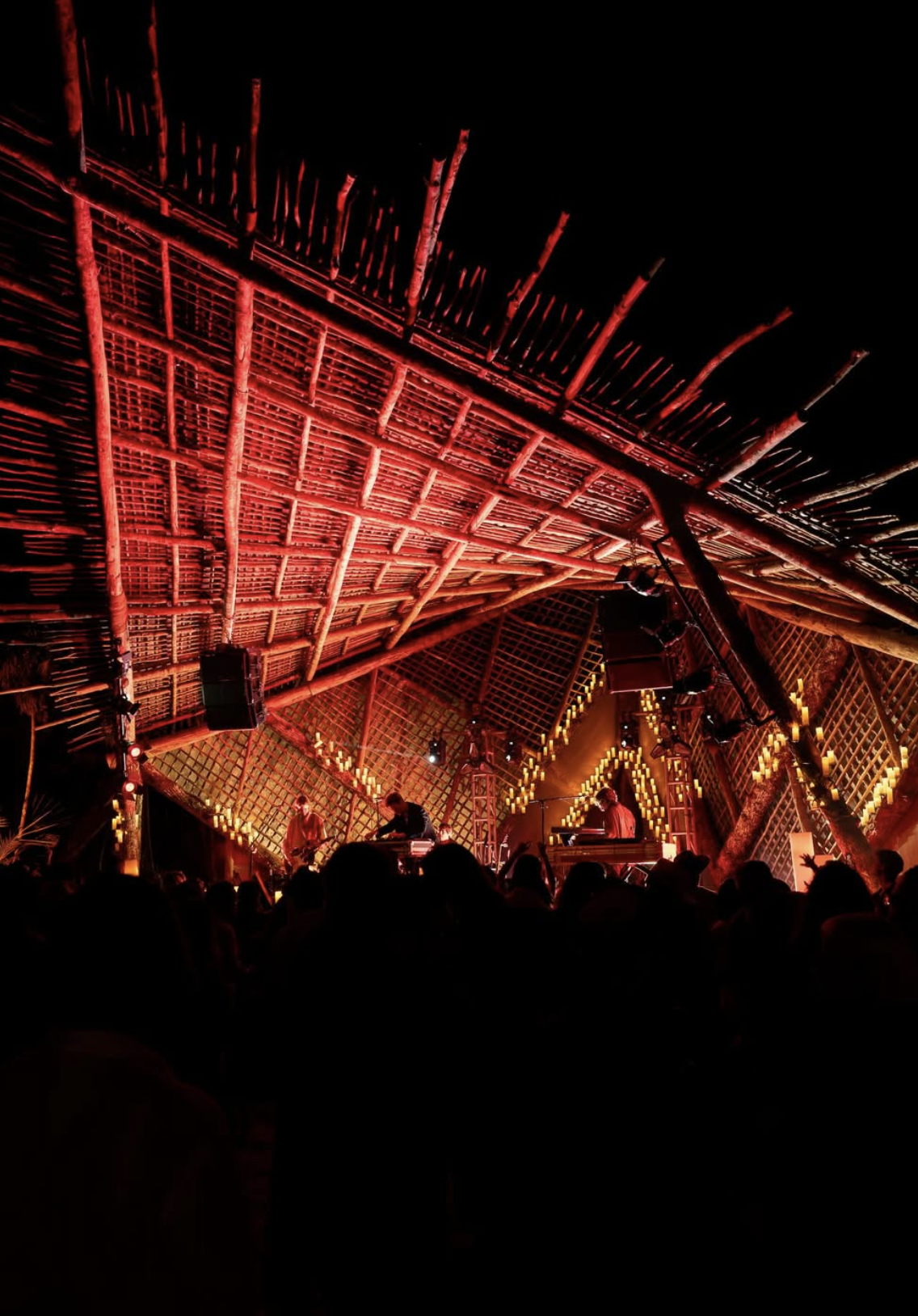 Abstract open-air innovation festival stage in a jungle landscape